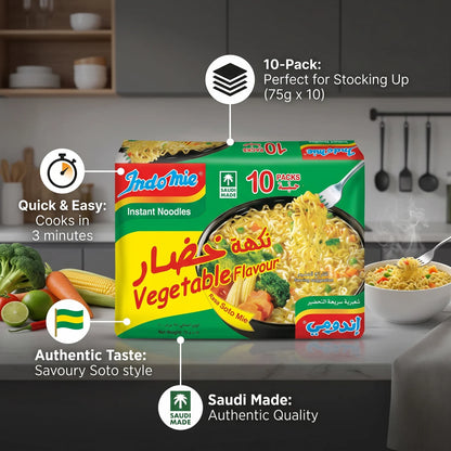 Indomie Instant Noodles – 10 Pieces, 75g Each | Vegetable Flavour, Rasa Soto Mie | Quick-Preparation Noodle Packs