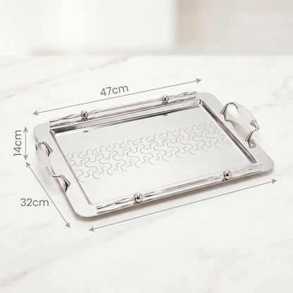 Ansa Luxury Metal Serving Tray – 47 x 32 x 14cm | Geometric Pattern, Raised Rim and Side Handles | Multiple Colour Options - Silver - White - Image 2