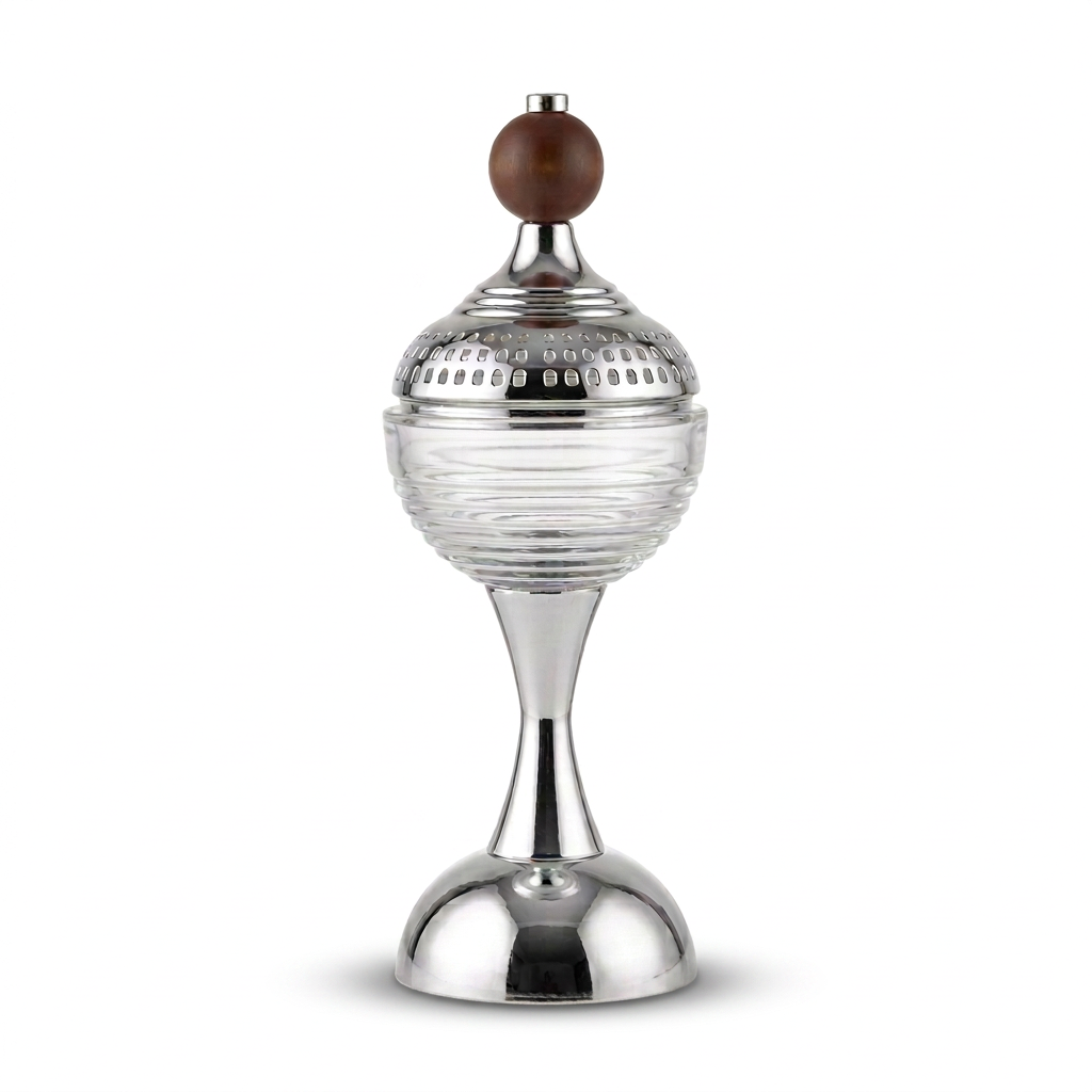 Incense burning holder – 30 CM Height, 12 CM Width | Silver Chrome Incense Burner with Clear Glass Body and Removable Perforated Dome Lid