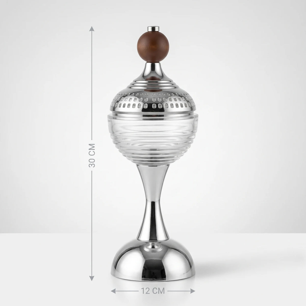 Incense burning holder – 30 CM Height, 12 CM Width | Silver Chrome Incense Burner with Clear Glass Body and Removable Perforated Dome Lid