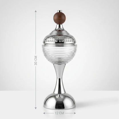 Incense burning holder – 30 CM Height, 12 CM Width | Silver Chrome Incense Burner with Clear Glass Body and Removable Perforated Dome Lid
