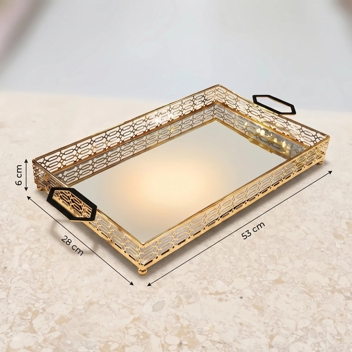 PALERMO Gold-Trimmed Rectangular Decorative Serving Tray – Mirrored Glass Base, Cutout Metal Handles, Raised Edges, 53 x 28 x 6 cm