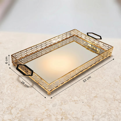 PALERMO Gold-Trimmed Rectangular Decorative Serving Tray – Mirrored Glass Base, Cutout Metal Handles, Raised Edges, 53 x 28 x 6 cm