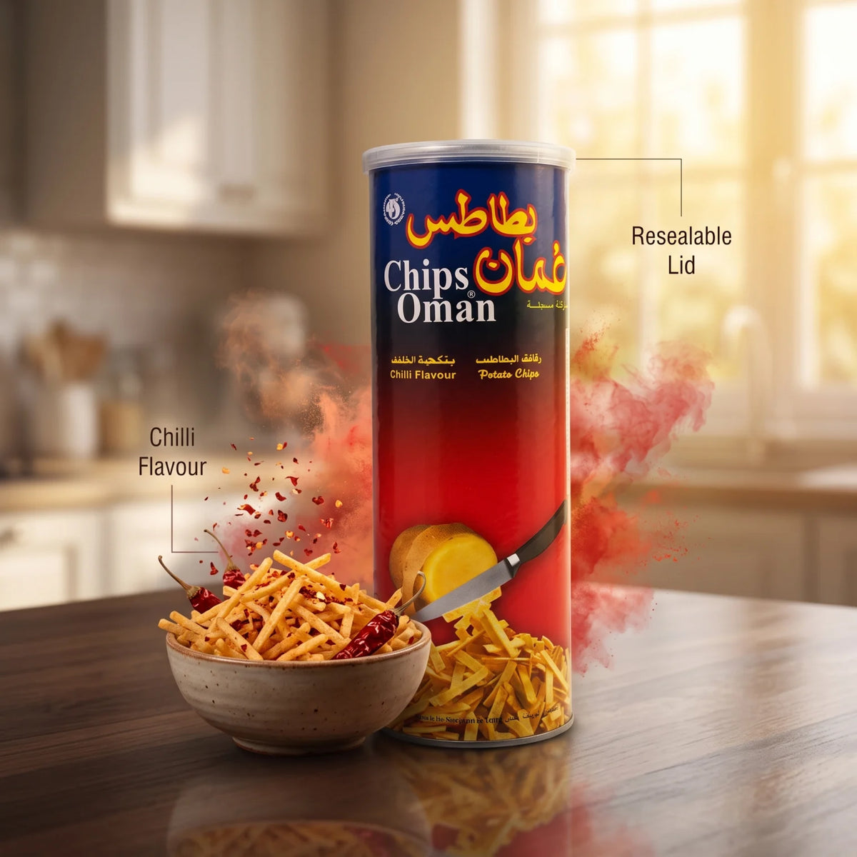 Chips Oman Potato Chips – 137 g Chilli Flavour | Resealable Container with Clear Lid | Savoury Snack