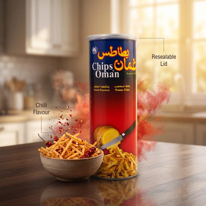 Chips Oman Potato Chips – 137 g Chilli Flavour | Resealable Container with Clear Lid | Savoury Snack
