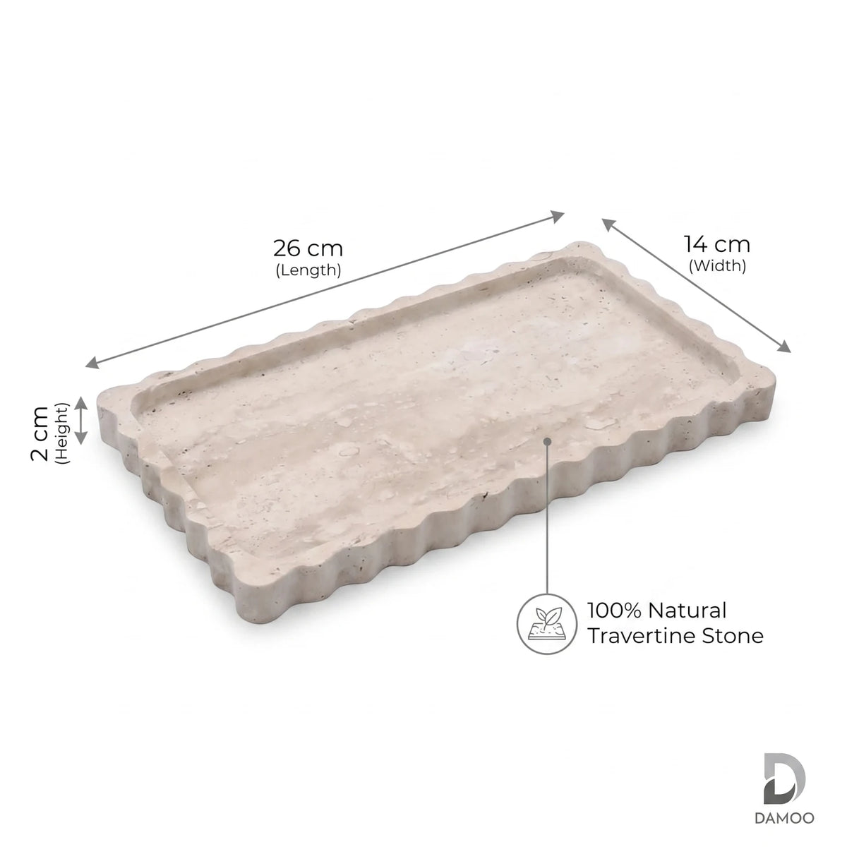 Rectangular Travertine Stone Scalloped Tray – 26 x 14 x 2 cm | Raised Rim | Textured Surface | Decorative Tray
