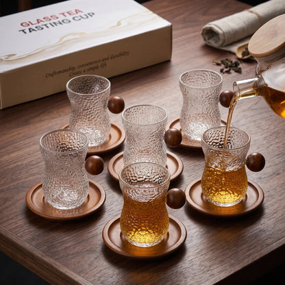 12-Piece Cups and Saucers Set – 6 Glass Tea Tasting Cups with Wooden Handles, Textured Surface and 6 Wooden Saucers