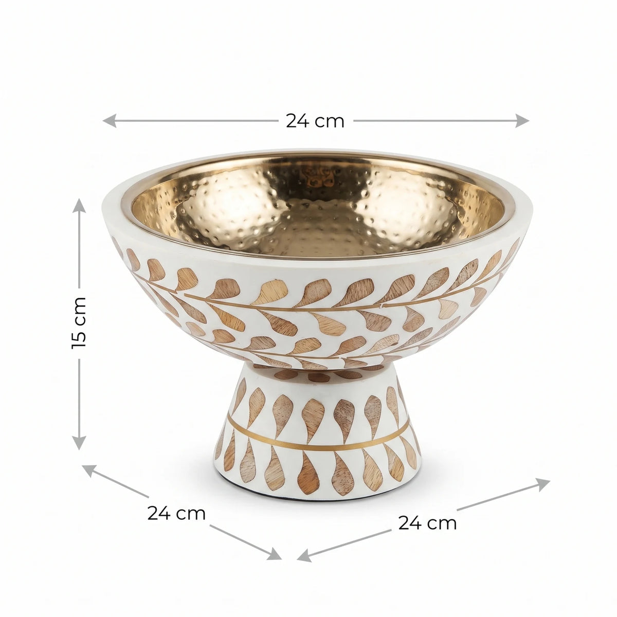 Decorative Footed Bowl – White and Gold with Hammered Metallic Gold Interior | 15 x 24 x 24 cm