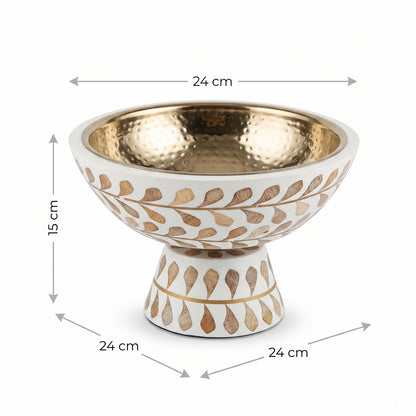 Decorative Footed Bowl – White and Gold with Hammered Metallic Gold Interior | 15 x 24 x 24 cm