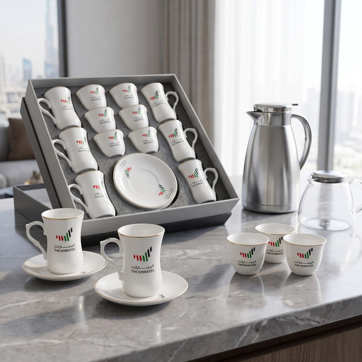 THE EMIRATES UAE National 18-Piece Fine Porcelain Tea and Coffee Set | 6 Tea Cups, 6 Saucers, 6 Arabic Coffee Cups, Gift Box