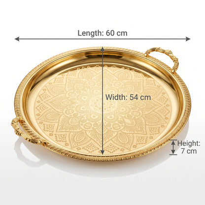 M.E.W Round Stainless Steel Serving Tray – Large & Extra Large | Mandala Floral Pattern | Decorative Handles | Silver, Gold & Silver - Gold - Gold / Large - Image 2