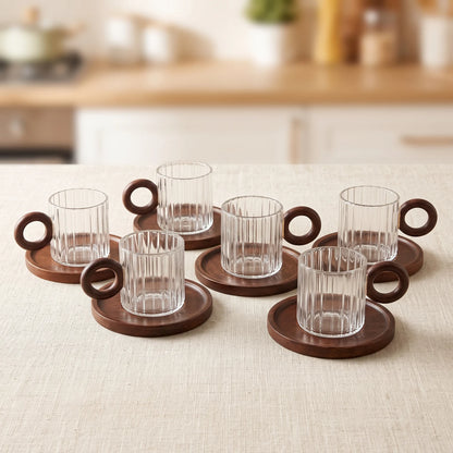 6-Piece Glass Cup Set with Wooden Saucers – Clear Ribbed Cups, Dark Brown Handles and Matching Serving Saucers