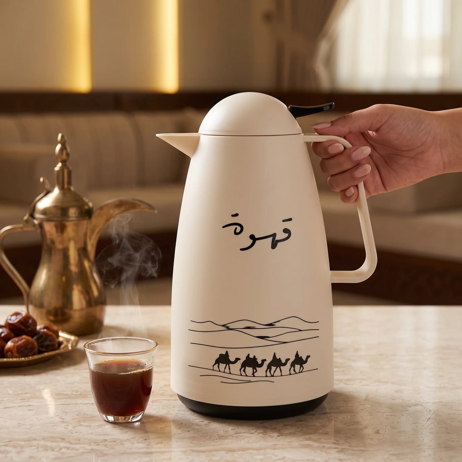 Crystal House 1L Cream Vacuum Flask – Plastic Body | Pink Glass Interior | Leak-Proof Tea & Coffee Flask with Qahwa Calligraphy