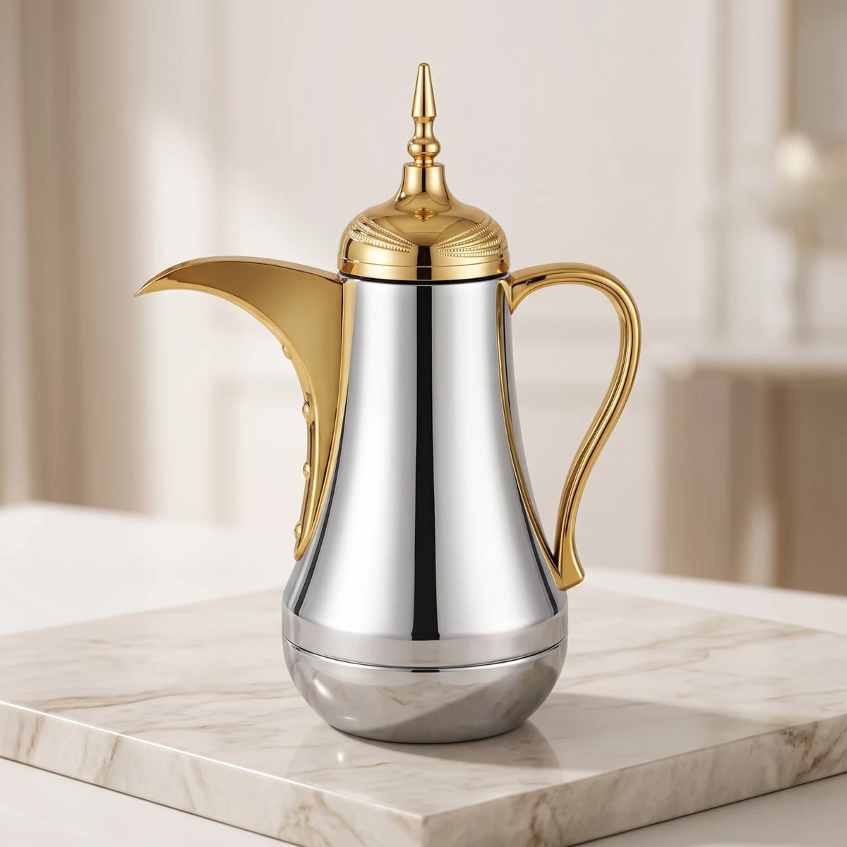 Ansa Stainless Steel Arabic Vaccum Flask – 0.65 Litre | Pink Glass Interior | Leak Proof Tea & Coffee Serving Flask - Gold - Silver - Image 2