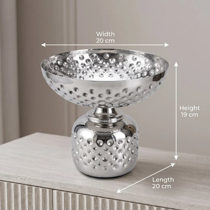 Silver Metal Decorative Bowl Medium – 19 x 20 x 20 cm | Raised Pedestal Base | Reflective Finish | Decorative Home Display