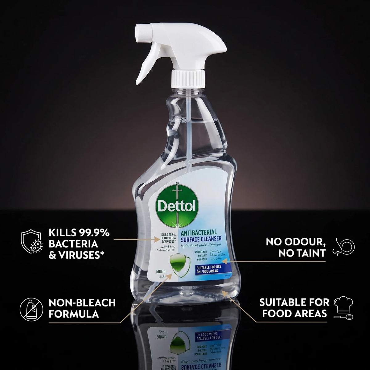 Dettol Antibacterial Surface Cleanser 500ml – Non-Bleach Spray | No Odour | Suitable for Food Areas