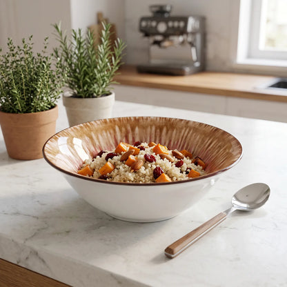 18 CM Porcelain Bowl – Brown, Cream & Pink Glossy Radial Design for Serving and Dining