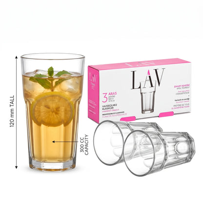 LAV 3 Pieces Glass Set – 300 CC Clear Tumblers, 120 mm Tall, Ribbed Design, Dishwasher Safe for Everyday Drinks