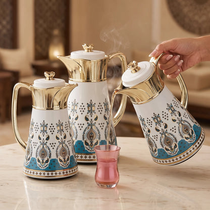 Regal 2 Piece White-Gold Arabic Ornate Blue Patterned Vacuum Jug Set – 0.5L + 1.0L | Tea & Coffee