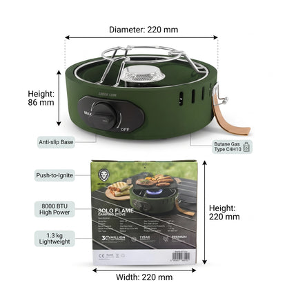 GREEN LION SOLO FLAME Camping Stove – Green Butane Gas Compatible Single Burner | Push-to-Ignite, Knob Control, 8000 BTU High Power