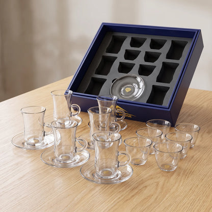 Crystal House 18-Piece Glass Tea & Coffee Set | 6 Tea Cups, 6 Saucers & 6 Arabic Coffee Cups | Clear Glassware in Fitted Box