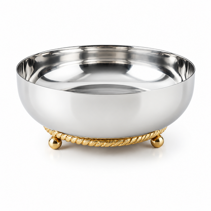 Decorative Silver Metal Fruit Bowl – Ornate Gold-Toned Pedestal Base | Small, Medium or Large Raised Serving Bowl for Fruit, Salads and Centerpieces