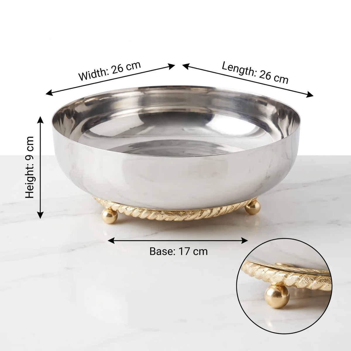 Decorative Silver Metal Fruit Bowl – Ornate Gold-Toned Pedestal Base | Small, Medium or Large Raised Serving Bowl for Fruit, Salads and Centerpieces - Small - Image 2