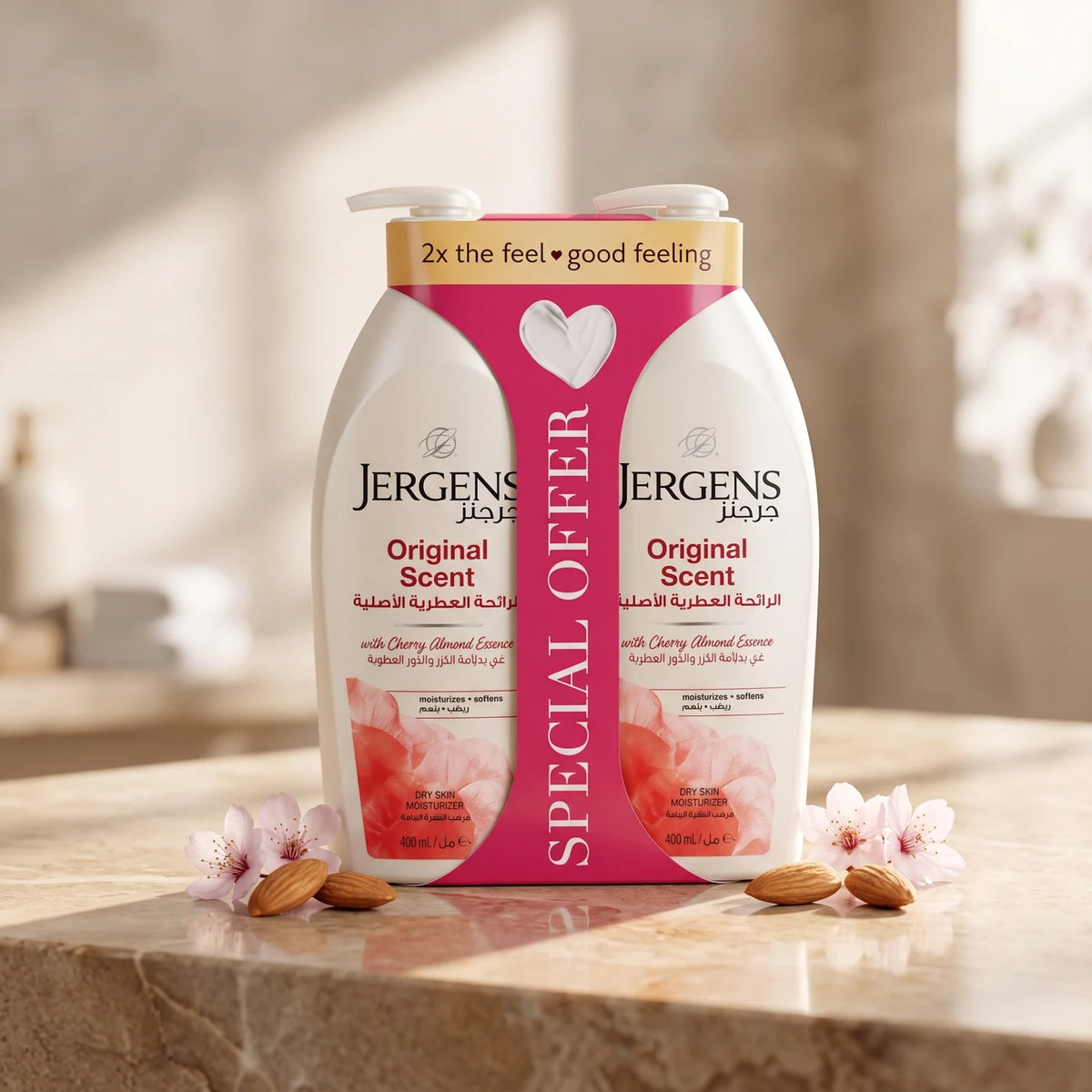 JERGENS Original Scent Body Moisturizer – 400 mL x 2 | Cherry Almond Essence | Dry Skin Moisturizer That Moisturizes and Softens