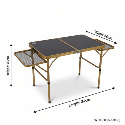 Omega 1 Korea Lightweight Foldable Gold-Toned Outdoor Camping Table – H70 x W60 x L134 cm | Mesh Side Sections | Portable Folding Table