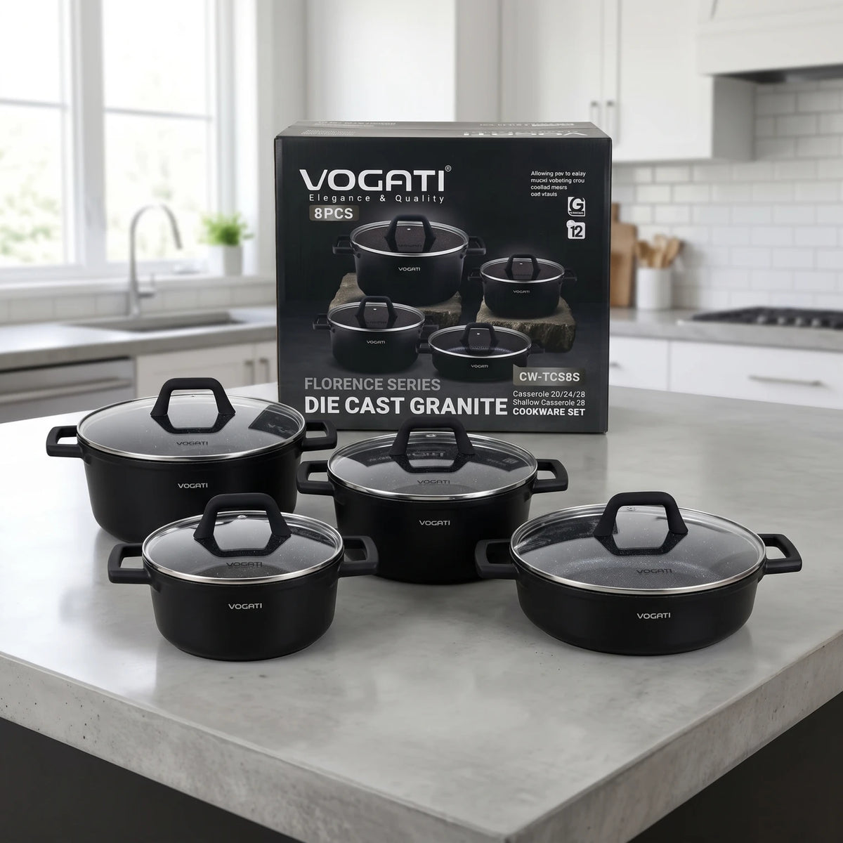 VOGATI FLORENCE SERIES 8PCS Titanium Granite Coating Non-Stick Induction Cookware Set, Black | 20/24/28cm Casseroles and 28cm Shallow Casserole