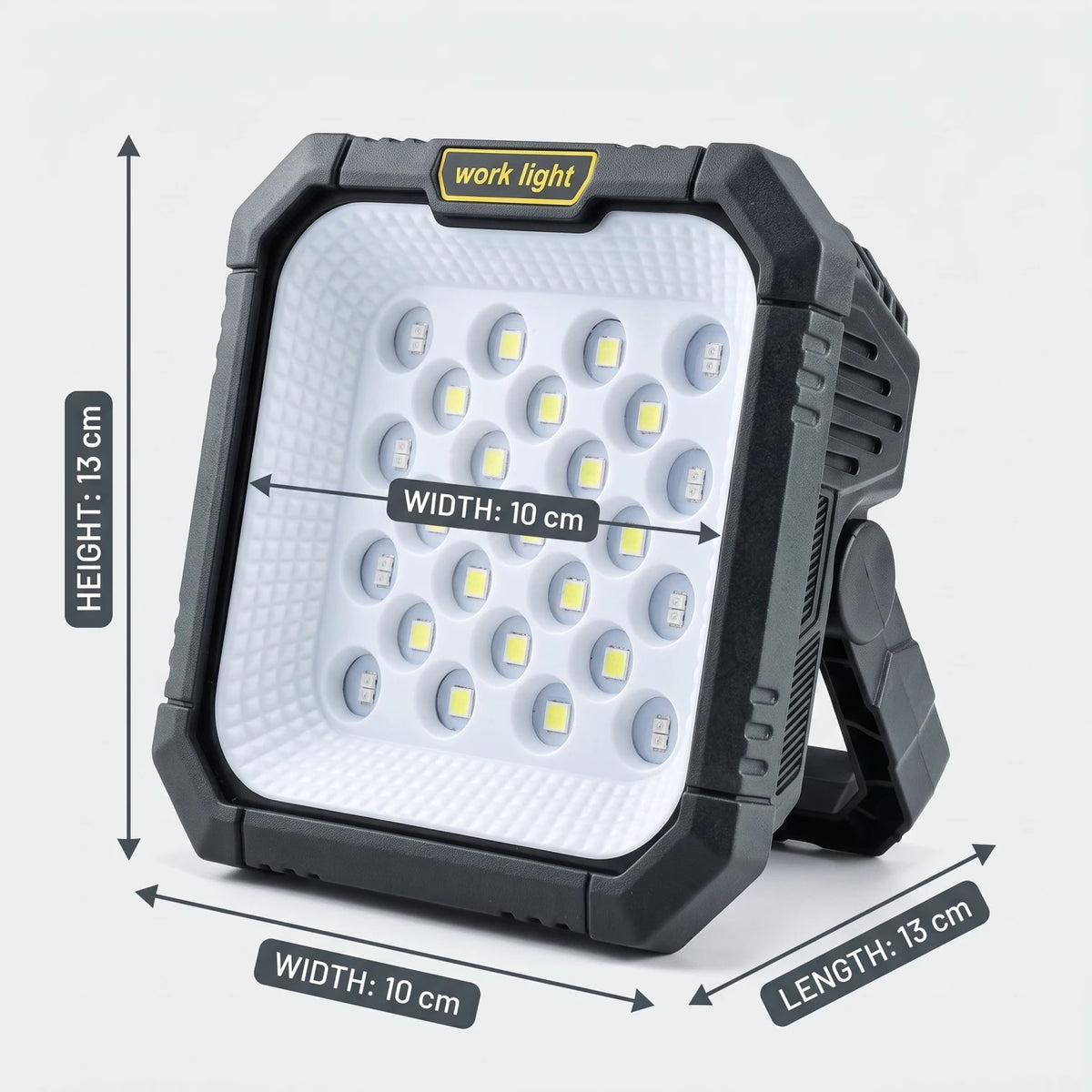 Solar-Powered LED Work Light – 13 x 10 x 13 cm | Front LED Array, Ventilation Slots and Support Base