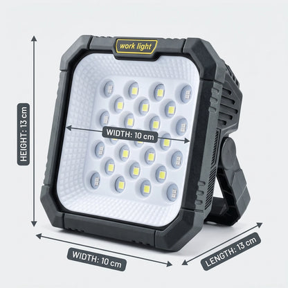 Solar-Powered LED Work Light – 13 x 10 x 13 cm | Front LED Array, Ventilation Slots and Support Base