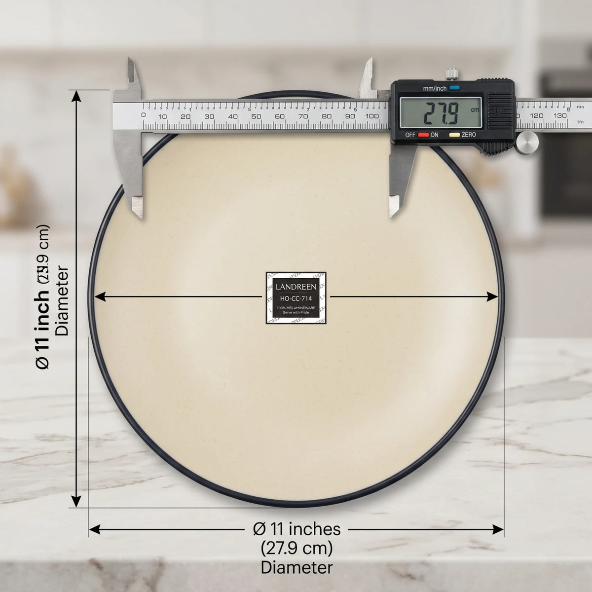 LANDREEN 11 Inches Melamine Dinner Plate, Model HO-CC-714 – BPA-Free 100% Melamineware, Cream Speckled Finish with Dark Rim for Serving