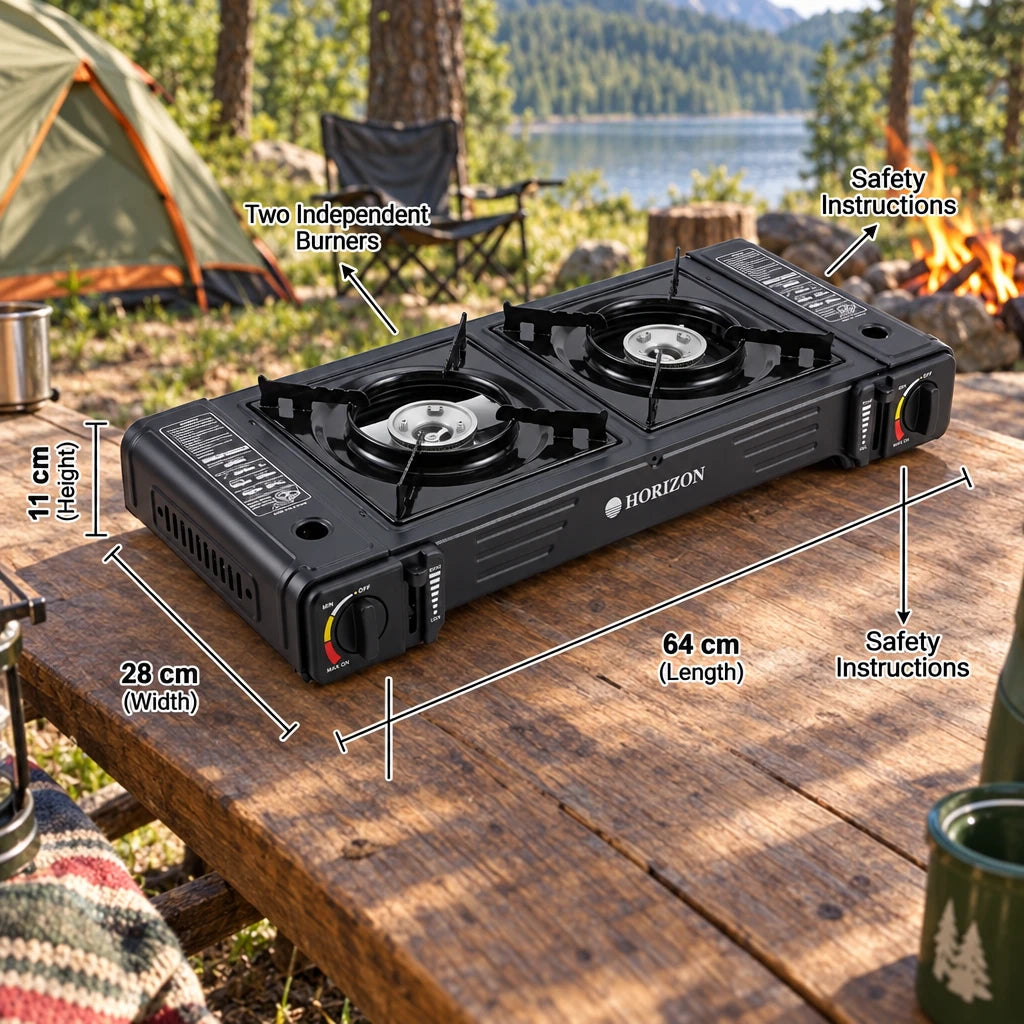 HORIZON Double-Burner Black Butane Gas Stove – Portable Camping Cooker | Two Burners | Separate Controls | 11 x 28 x 64 cm