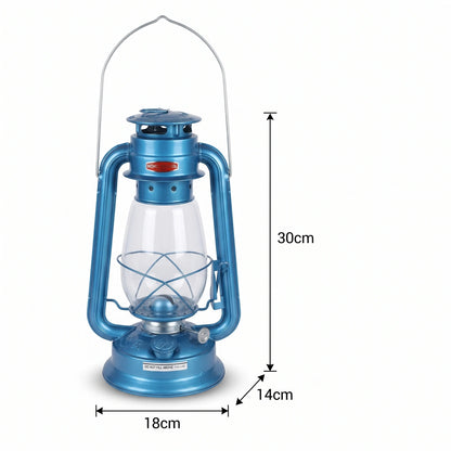 MOHD RASOOL Hurricane Lantern – 30 x 14 x 18cm | Blue Metal Frame | Clear Glass Globe | Protective Wire Guard | Liquid-Fuel Camping Light
