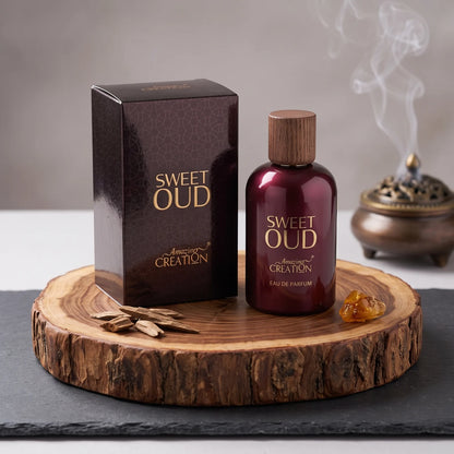 Amazing Creation SWEET OUD Eau de Parfum 100Ml – Oud Fragrance with Glossy Rounded Bottle and Wood-Patterned Cap