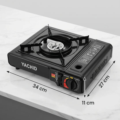YACHID Portable Gas Stove – 34 x 27 x 11 cm | Black Glass Cooktop with Gas Burner and Control Knobs