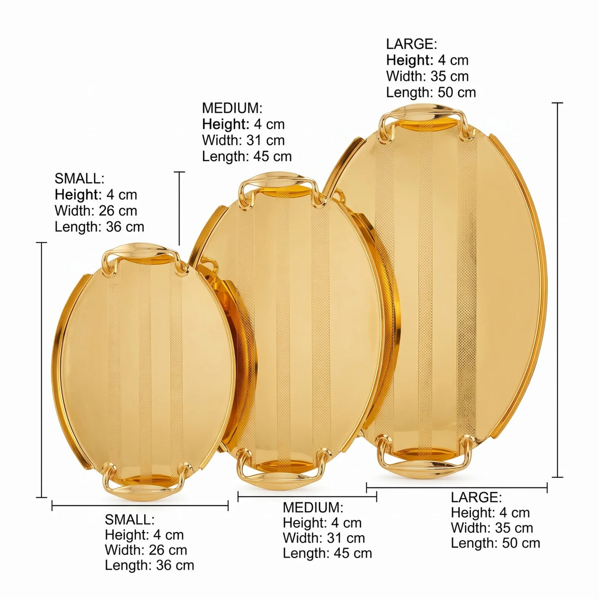 Ansa 3-Piece Glossy Golden Oval Metal Serving Tray Set | Textured Handles and Striped Surface Patterns