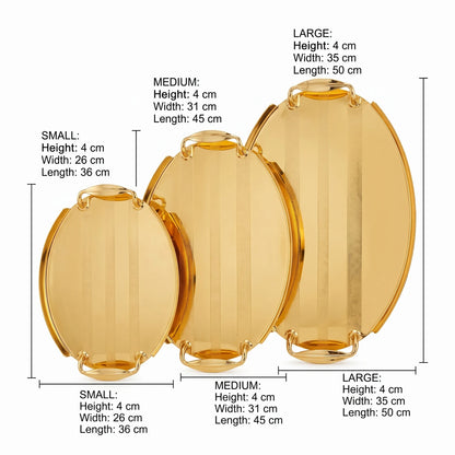 Ansa 3-Piece Glossy Golden Oval Metal Serving Tray Set | Textured Handles and Striped Surface Patterns