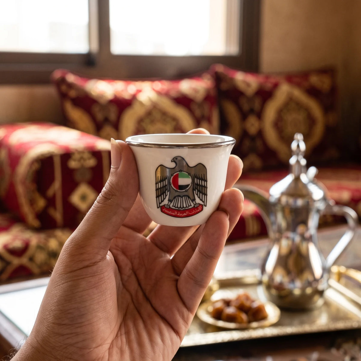 Pilsco 12 Pieces Arabic Coffee Cup Set – White Handleless Cups with Silver Rims and UAE Emblem in Presentation Box