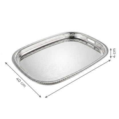 M.E.W Luxury Metal Serving Tray with Mirrored Center – Small, Medium or Large | Silver or Gold | Engraved Greek Key Border - Silver / Medium - Image 2