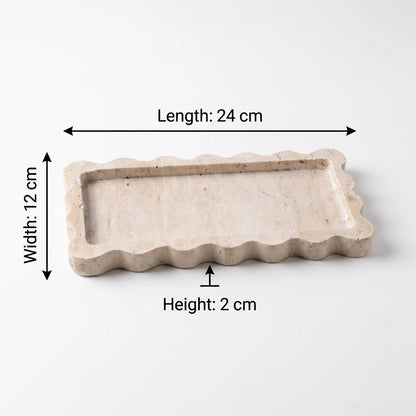 Rectangular Travertine Stone Scalloped Tray – 24 x 12 x 2 cm | Raised Rim | Light Beige Decorative Serving Tray
