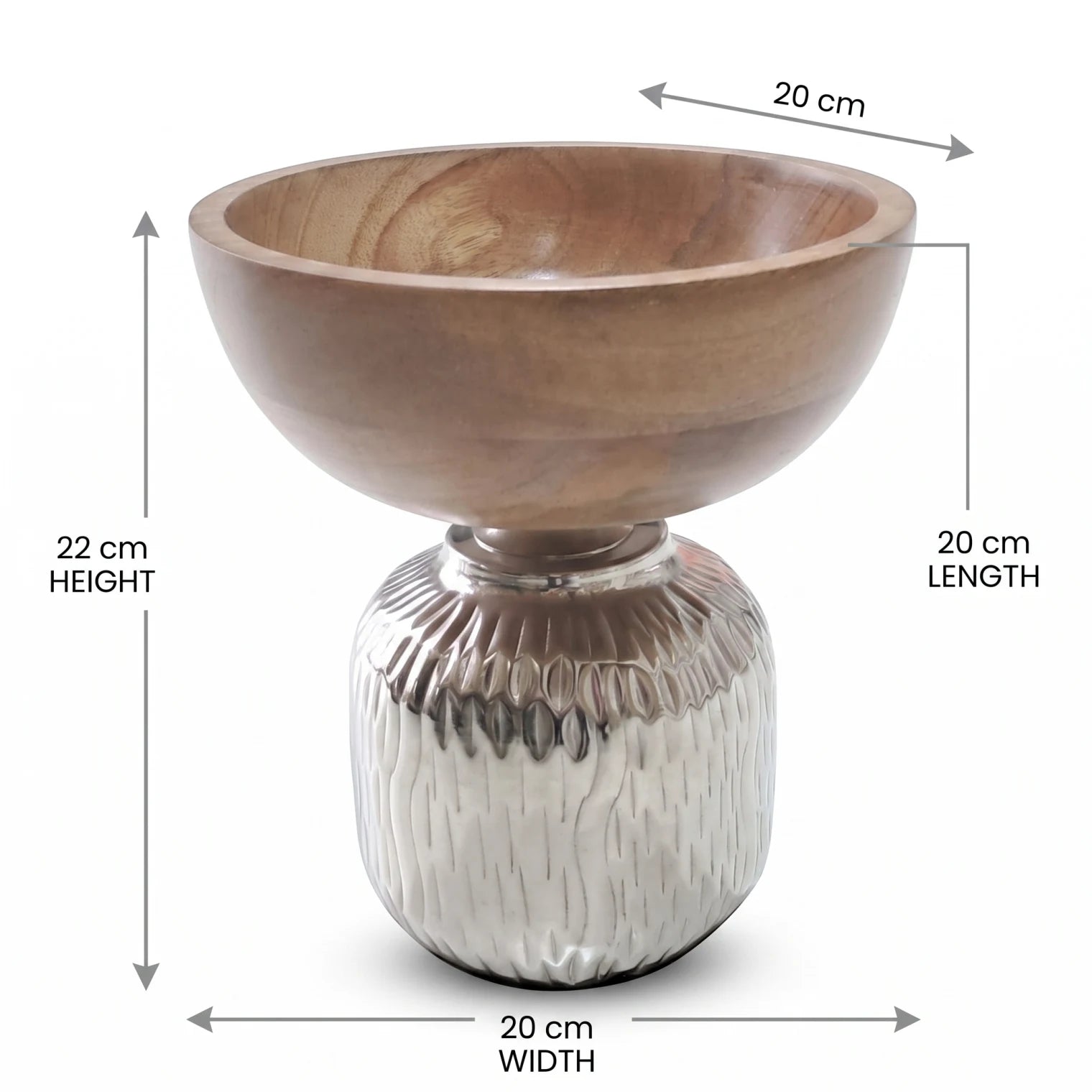 Decorative Bowl with Wooden Top and Metal Base – 22 cm Height, 20 cm Width x 20 cm Length | Pedestal-Style Home Display
