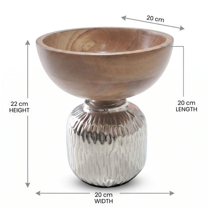 Decorative Bowl with Wooden Top and Metal Base – 22 cm Height, 20 cm Width x 20 cm Length | Pedestal-Style Home Display