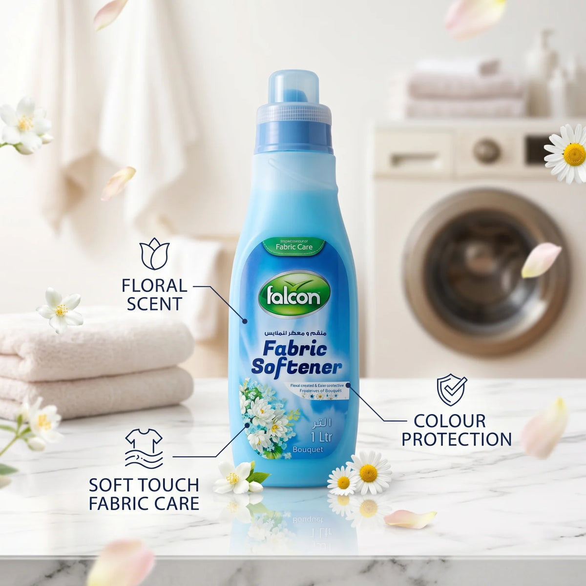 Falcon Fabric Softener – Bouquet, 1 Litre | Floral Scent | Colour Protection | Soft Touch Fabric Care