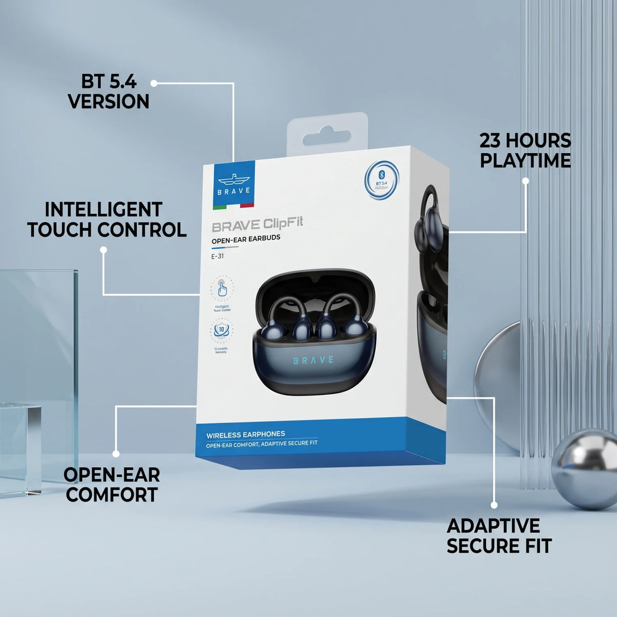 BRAVE ClipFit E-31 Wireless Open-Ear Earbuds – Black | Bluetooth 5.4 | Intelligent Touch Control | Adaptive Secure Fit Earphones