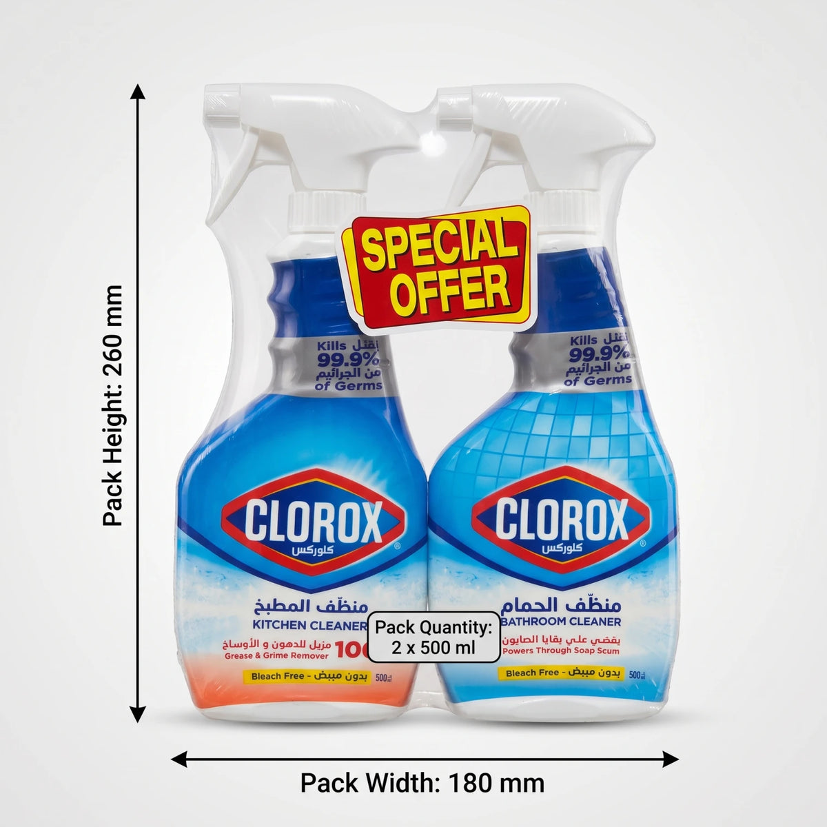 CLOROX Kitchen Cleaner and Bathroom Cleaner Set – 2 x 500 ml | Bleach-Free Sprays for Grease, Grime and Soap Scum | Trigger Spray Set