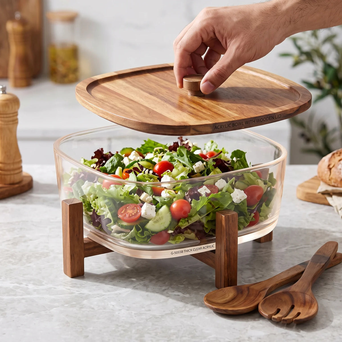 SALAD SERVING SET G-5055B – Thick Clear Acrylic Bowl with Wooden Lid and Holder | Salad Serving Bowl for Home Dining and Table Presentation