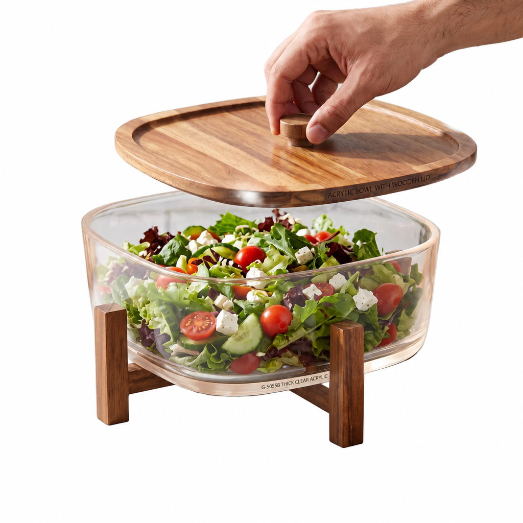 SALAD SERVING SET G-5055B – Thick Clear Acrylic Bowl with Wooden Lid and Holder | Salad Serving Bowl for Home Dining and Table Presentation