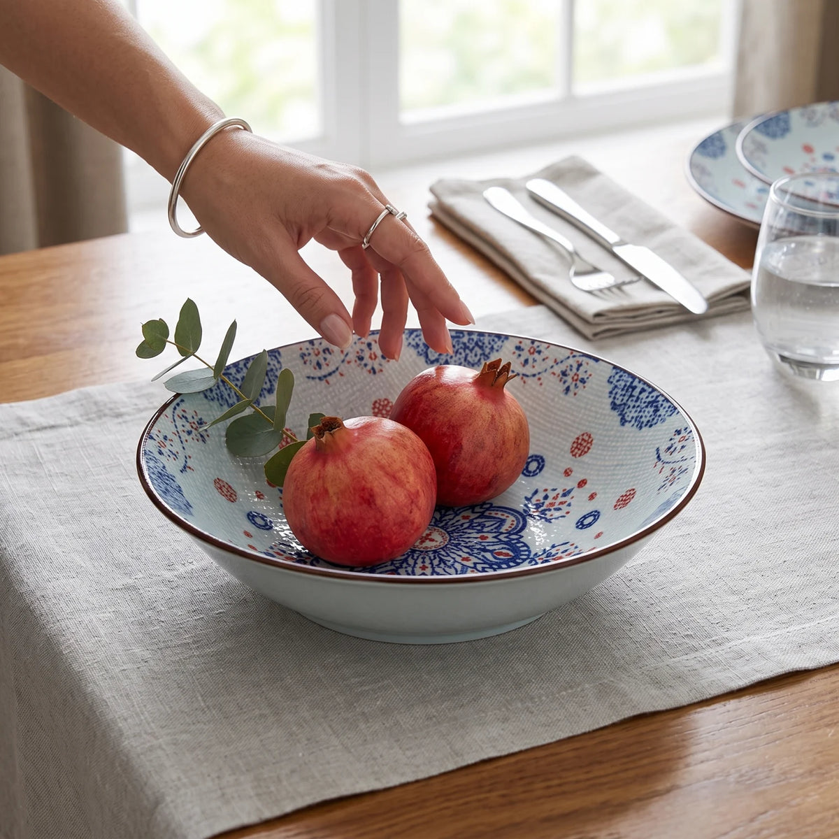 22 CM Ceramic Bowl – Decorative White and Light Blue Design | Blue-and-Red Floral Pattern and Glossy Finish